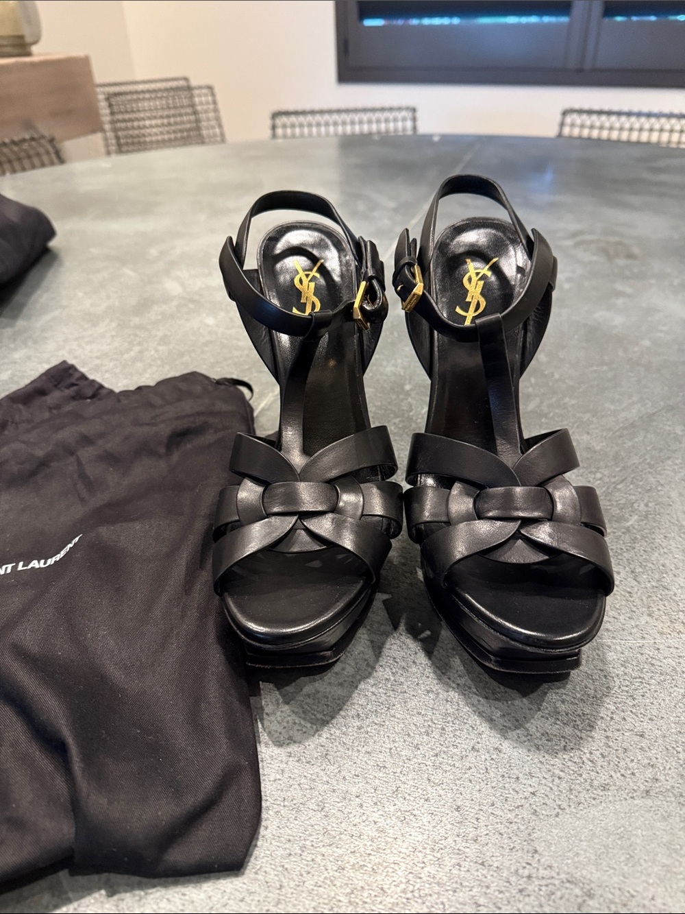 Saint Laurent Black Leather Woven Platform Heels with Gold Logo